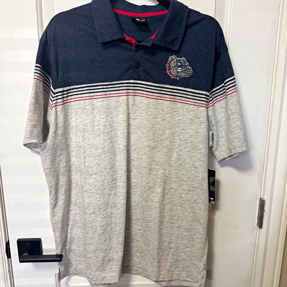 Colosseum Men's XL Striped Short Sleeve Polo Gray/Blue/Red Embroidered Bulldog
